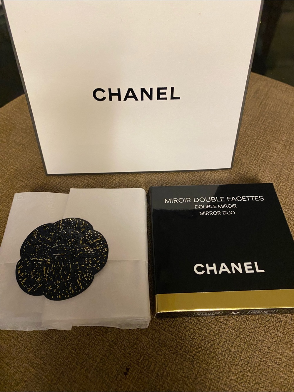 CHANEL Black & Gold Camellia Mirror Duo